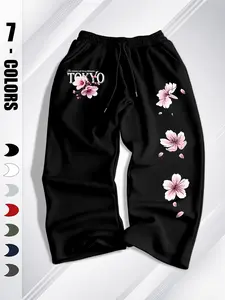 Men's Fashion Cherry Blossom Tokyo Print Wide Leg Sweatpants, Loose Fit Drawstring Sports Long Pants, Casual Streetwear for All Seasons