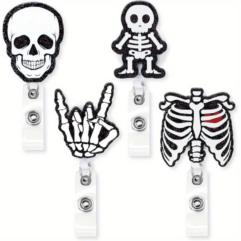 4 X-ray badge scrolls with retractable clips-medical skull design (skull, hands, ribs), suitable for nurses and doctors, Halloween, professional or role-playing-Halloween costumes, solid clips, weird patterns, solid structures, medical workers.