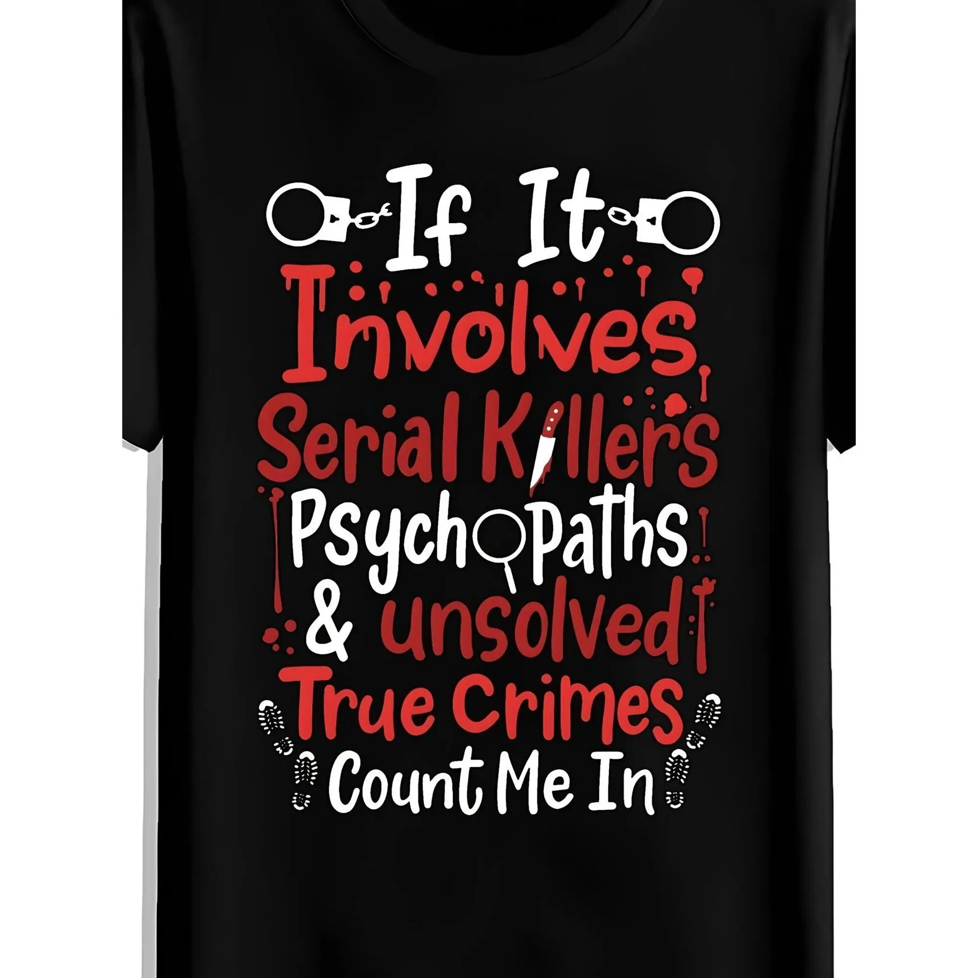 Real Crime Mystery T-Shirt Serial Killer Enthusiast Red Black Crime Scene Pattern Casual Gift for Podcast Listeners Same Style for Men And 226 Summer Short Sleeve Printed T-Shirt