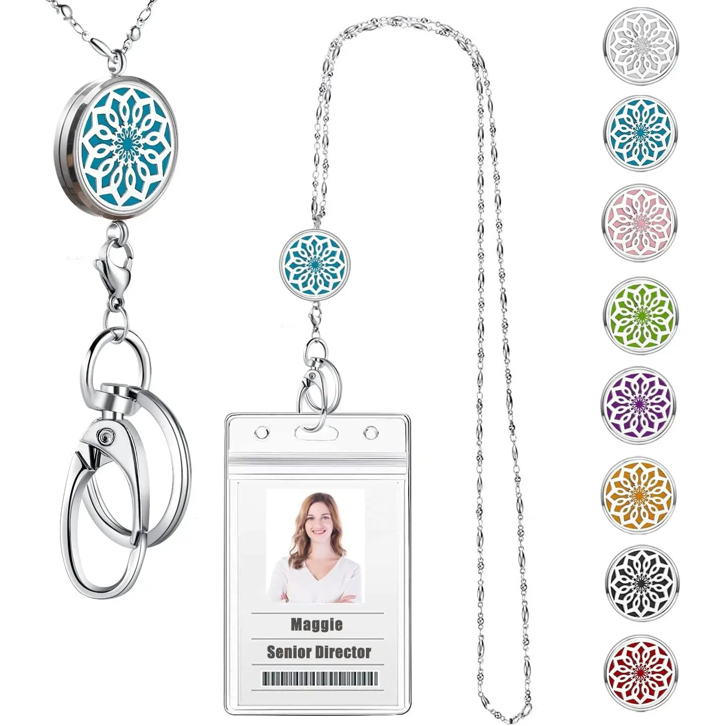 Lanyards for ID Badges Women ID Badge Holder with Lanyard  Long Bling Stainless Steel  Chain Nurse  Office Work  Diffuser Necklace Teacher Lanyard Gifts Flower