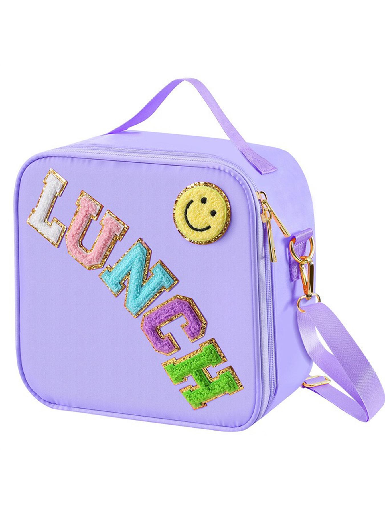 Letter Decor Lunch Bag, Cute Insulated Lunch Bag with Adjustable Shoulder Strap, Nylon Lunch Bag for School Travel Picnic