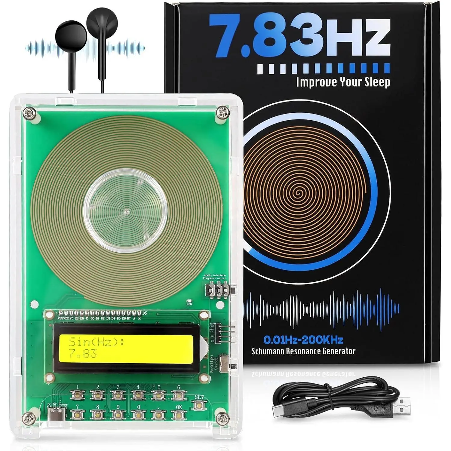 7.83Hz Frequency Generator for Healing Schumann Resonance Generator (Adjustable 0.01Hz-200kHz) for Deep Sleep, Meditation, Yoga & Stress Relief Type-C Powered LCD Display
