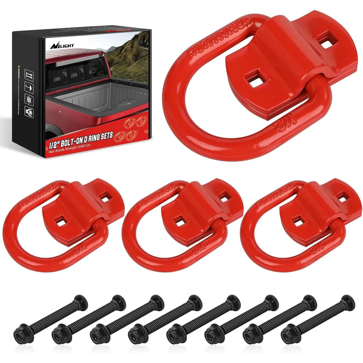 Nilight 4 PCS Bolt-On D-Ring Tie Down Anchors, 1/2" Alloy Steel Bolts, 12000 lbs Load Break Strength Hooks, Anti-Rust Coating, Easy to Install, Threaded Screws Included, for Trailers, Truck Beds