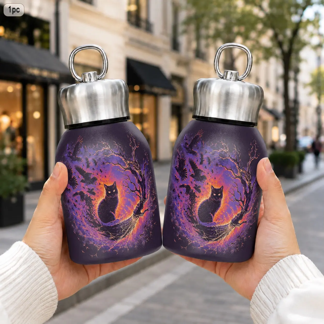 10oz/300ml 316 Stainless Steel Portable Vacuum Flask, with Mysterious Purple Black Cat Pattern, Drop Resistant Reusable with Handle, for Gym Running Hydration, Great for Casual Outing Birthday Gift