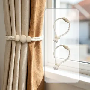 2-Pack Wooden Bead Curtain Tiebacks, Bohemian Natural Style Magnetic Curtain Hooks, Farmhouse Window Decor, Easy Installation