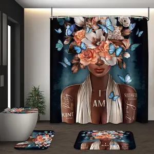 LVRLVR 4Pcs Black Woman Peach Floral Blue Butterfly Inspirational Text Print Dark Teal Vintage Art Style Multicolor Tone Shower Curtain Set 70.8×70.8 Inch
