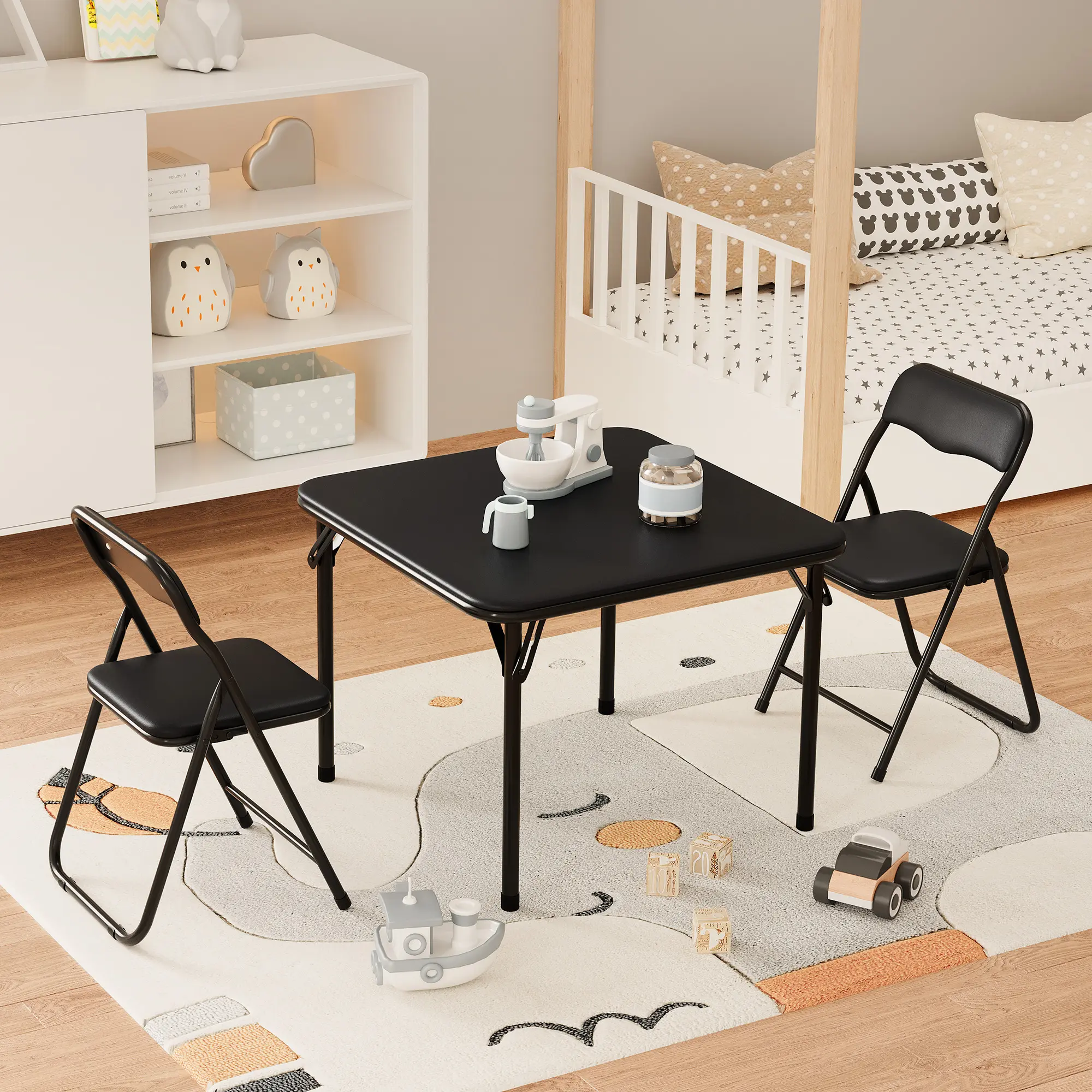 Kids' 3-Piece Folding Square Table and Folding Chairs Set - No Assembly Required, Lightweight, PU Leather Soft Cushions, Portable, Space-Saving, Easy to Clean for Play and Study Time