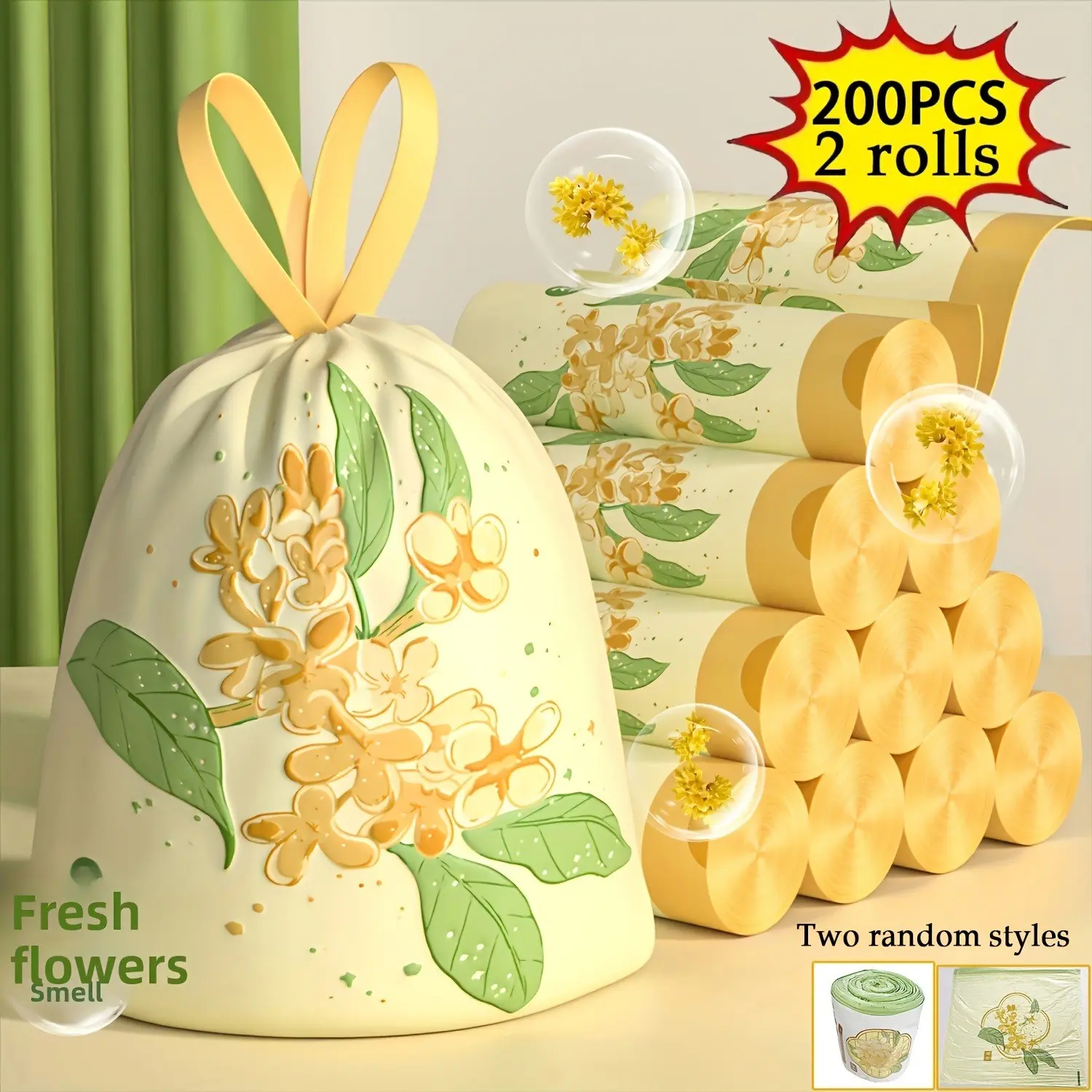 200 Count Thick Trash Bags, 4 Rolls, Large Scented Osmanthus Handheld Garbage Bags, Ideal for Kitchen, Office, Restaurant, Outdoor Use