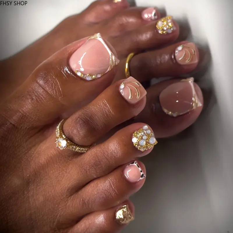 24Pcs Wholesale Bling French Press-On Toenails, Sparkly Rhinestone & Pearl Foot Nails, Glossy Glitter Summer Pedicure Set for Beach, Sandals & Vacation