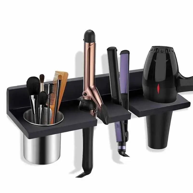 Bathroom Storage Rack, Rustic Wooden Wall Mounted Hair Dryer Organizer, for Hair Dryer, Curling, Comb, Makeup Brush, Space-Saving Hair Tool Holder