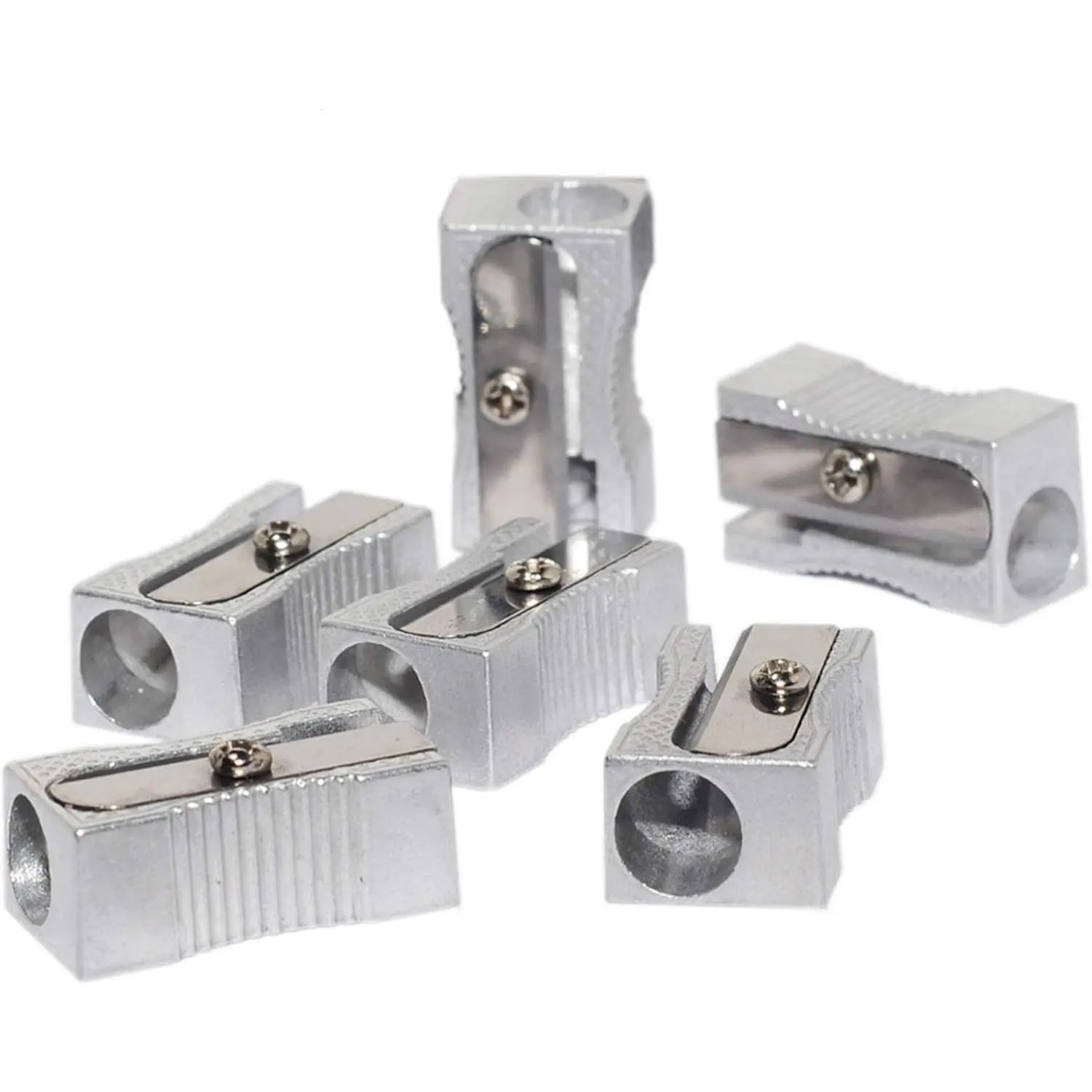 Dual Pencil Sharpener Pocket Aluminium Alloy Metal 1-Hole Steel Blade Rectangular Small Sharpeners for Standard No.2 Graphite Colored Pencils Wood-cased Pencils, 6 Pack,Silver