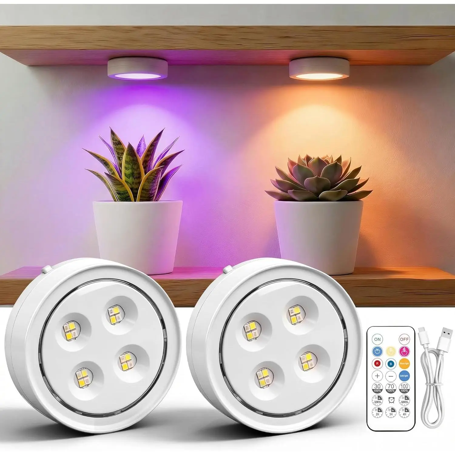 2 Pack Rechargeable Grow Light for Indoor Plants, Cordless Magnetic Plant Lights for Indoor Growing, 6500k Full Spectrum LED Lighting with Timer & Remote, Stepless Dimming for Plant Shelf