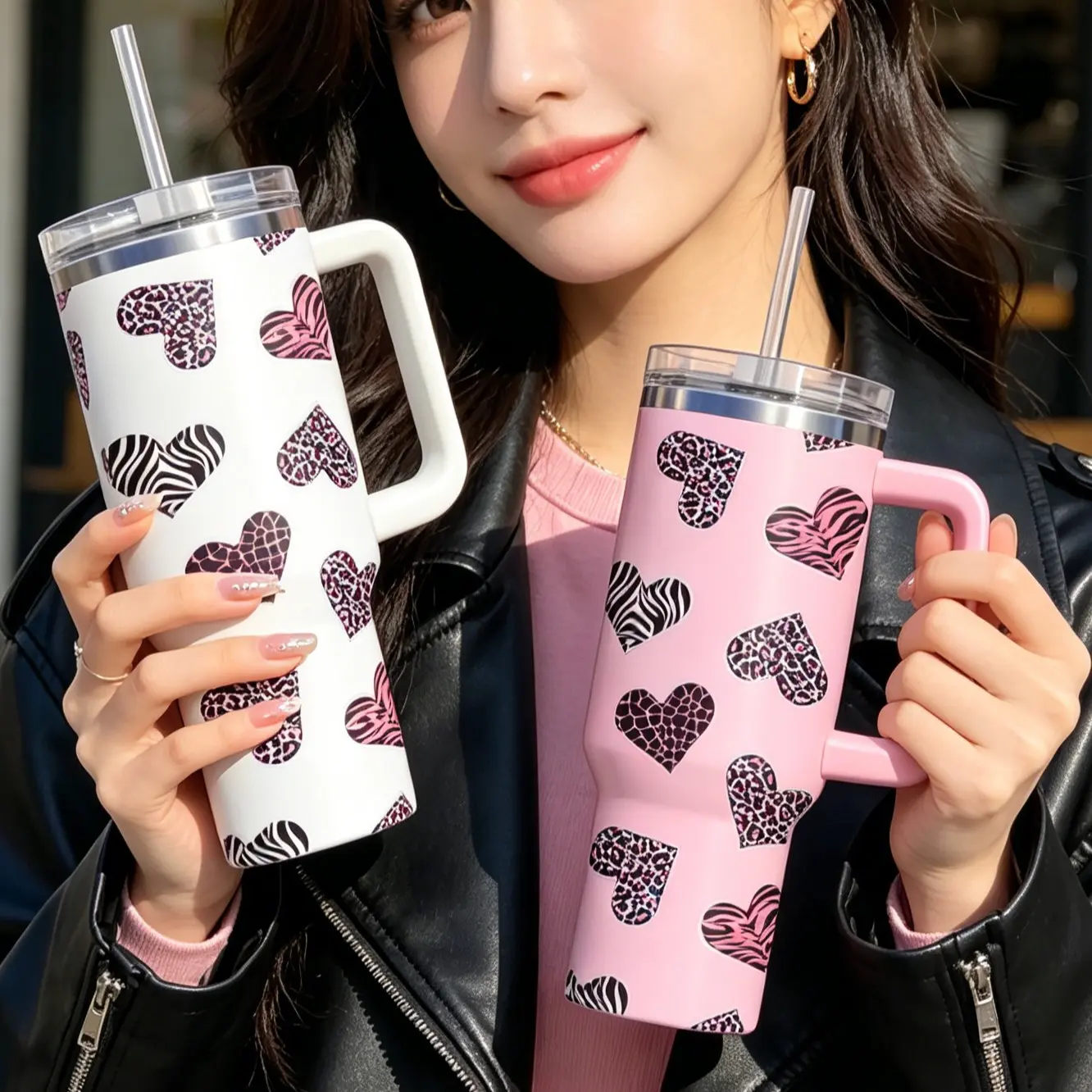 40oz Stainless Steel Vacuum Insulated Water Bottle Mug with Handle and Straw, Leopard Heart Element, Suitable for Travel, School, Car Use