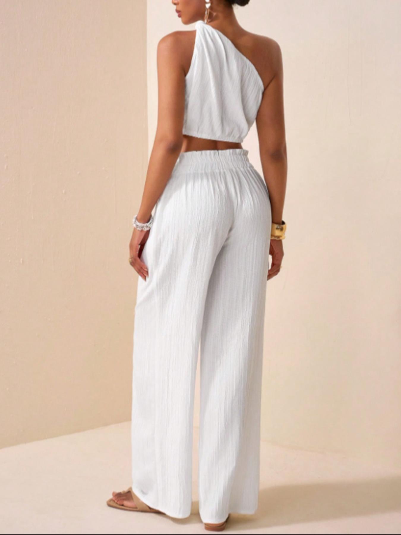 Two-piece Set Women's Solid Crop Top & Wide Leg Pants, Basic Elegant Fashion Casual Top & High Waist Trousers for Daily Outdoor Wear, Women's Clothing for Summer, Womenswear