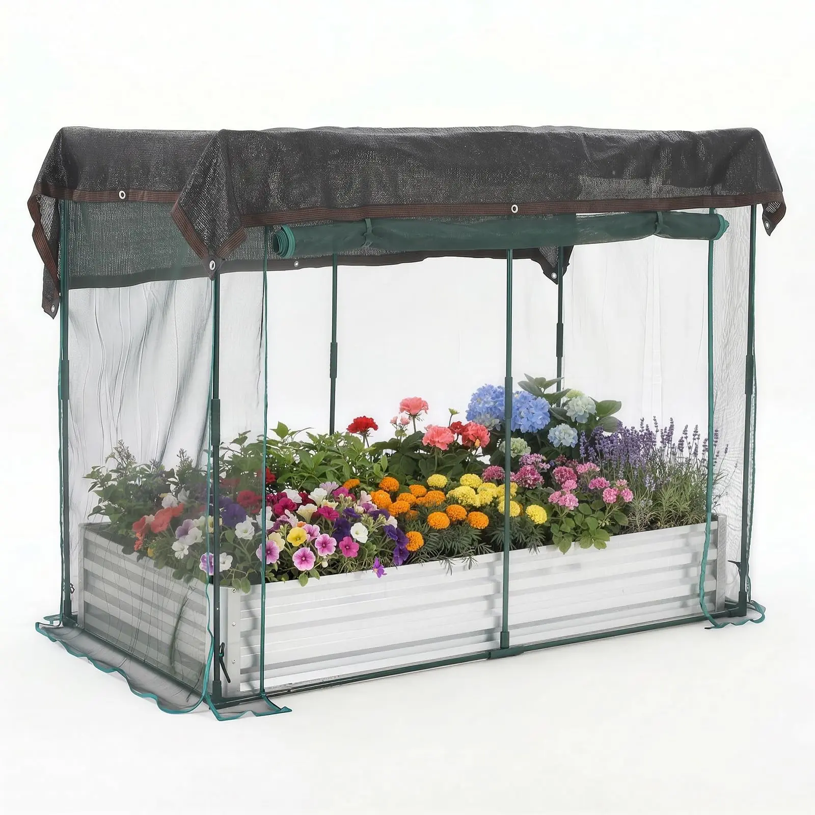 Black Galvanized Raised Garden Bed with Crop Cage & Shade Roof, 8×4×1 FT Outdoor Metal Planter Box with Protection Net & Zippered Animal Barrier Doors, Patio Plant Enclosure for Vegetables, Herbs & Flowers