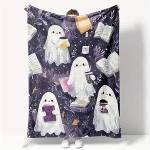 Comfortable Halloween Blanket (1 piece) - Ghost Reading Pattern, lightweight and durable material, purple background with white ghosts, soft flannel sheets suitable for all seasons, machine washable, modern style, perfect for sofa or bed decor.