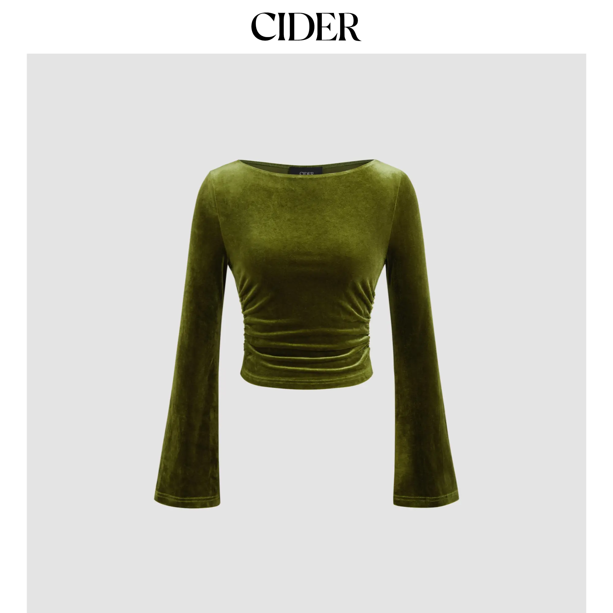 Cider [size 2-10] Velvet Boat Neck Solid Ruched Long Sleeve Crop Top SummerFinds