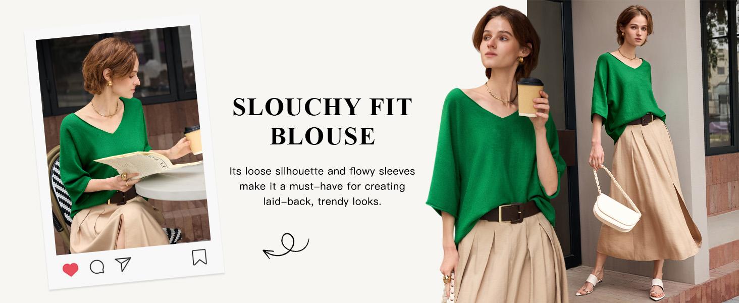 Saodimallsu Womens Oversized Summer Sweater Half Sleeve Batwing V Neck Dolman Sleeve Trendy Casual Knit Tops