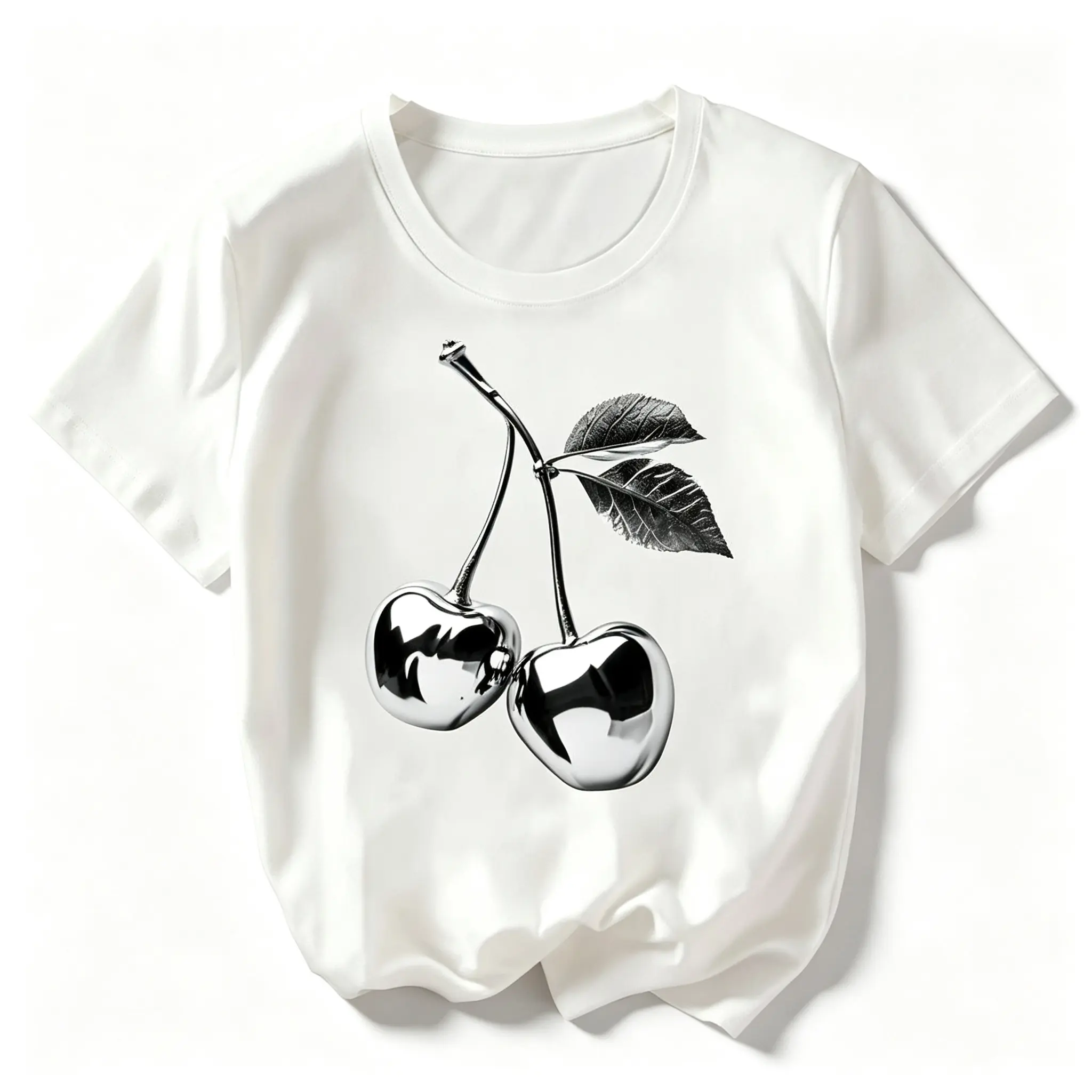 Metallic Silver Cherry Graphic Short Sleeve Top, Trendy Retro Chrome Fruit Art Slogan Tee, Aesthetic Minimalist Casual Outfit For Women