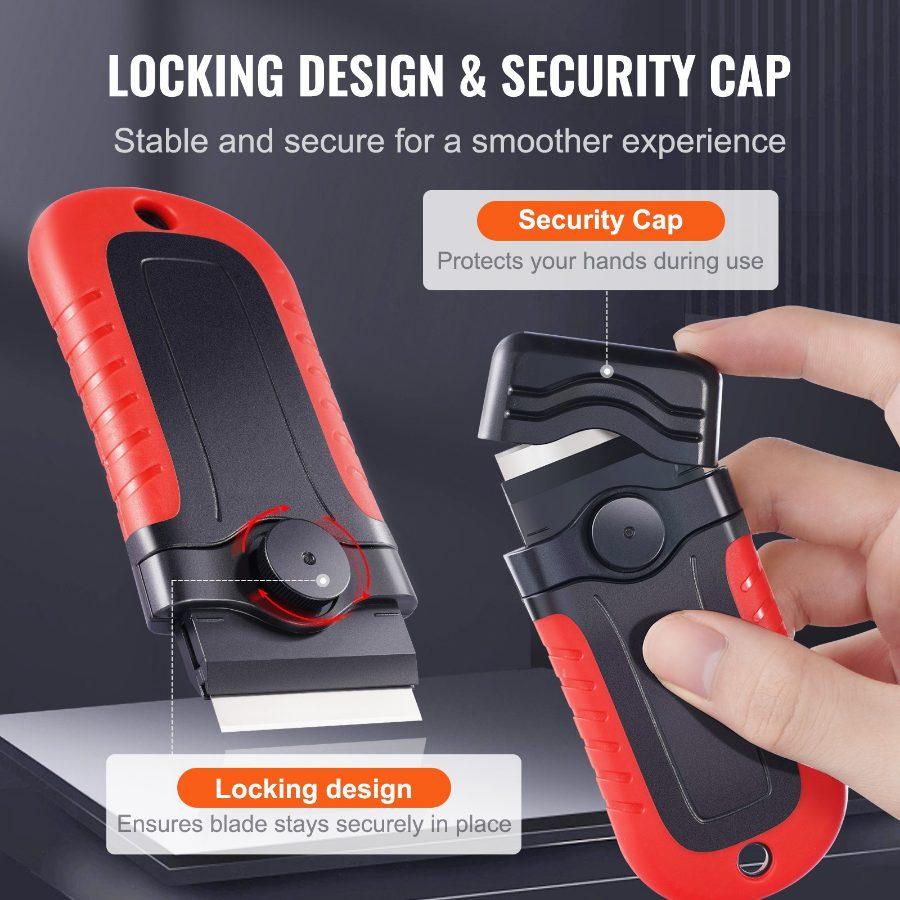 VEVOR Razor Blade Scraper, 15 Extra Blades, Locking Scraper Tool with Cap, Carbon Steel and POM Blades, for Cleaning Labels, Stickers, Decals, Paint from Glass Window Stovetop Cooktop Oven