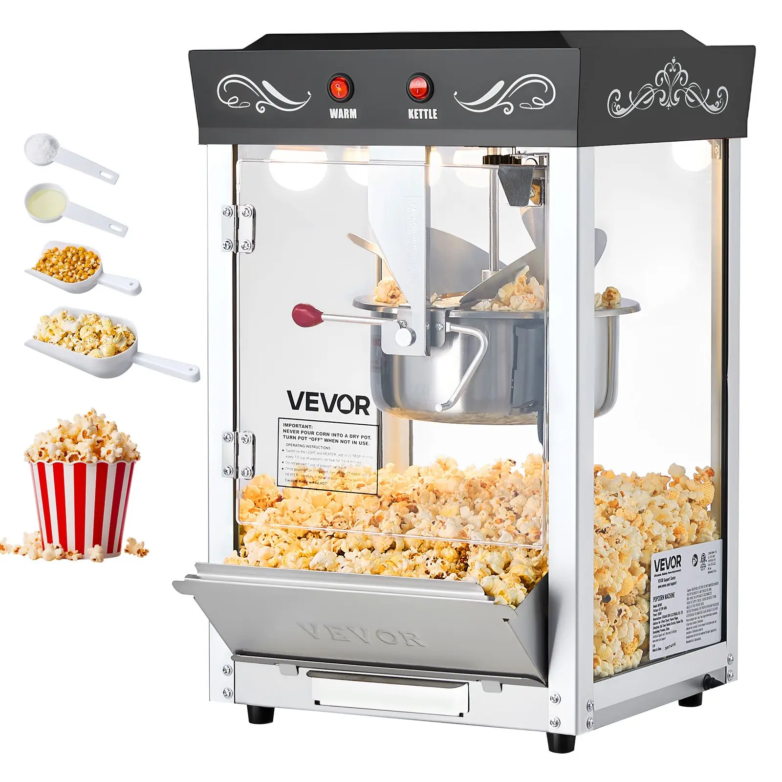 VEVOR Commercial Countertop Popcorn Machine, 8oz Stainless Steel Kettle, 800W Power, 48-Cup Per Batch Theater-Style Popper, 2-Button Control, Glass Door, PC Wall, 1 Scoop, 3 Spoons, Black