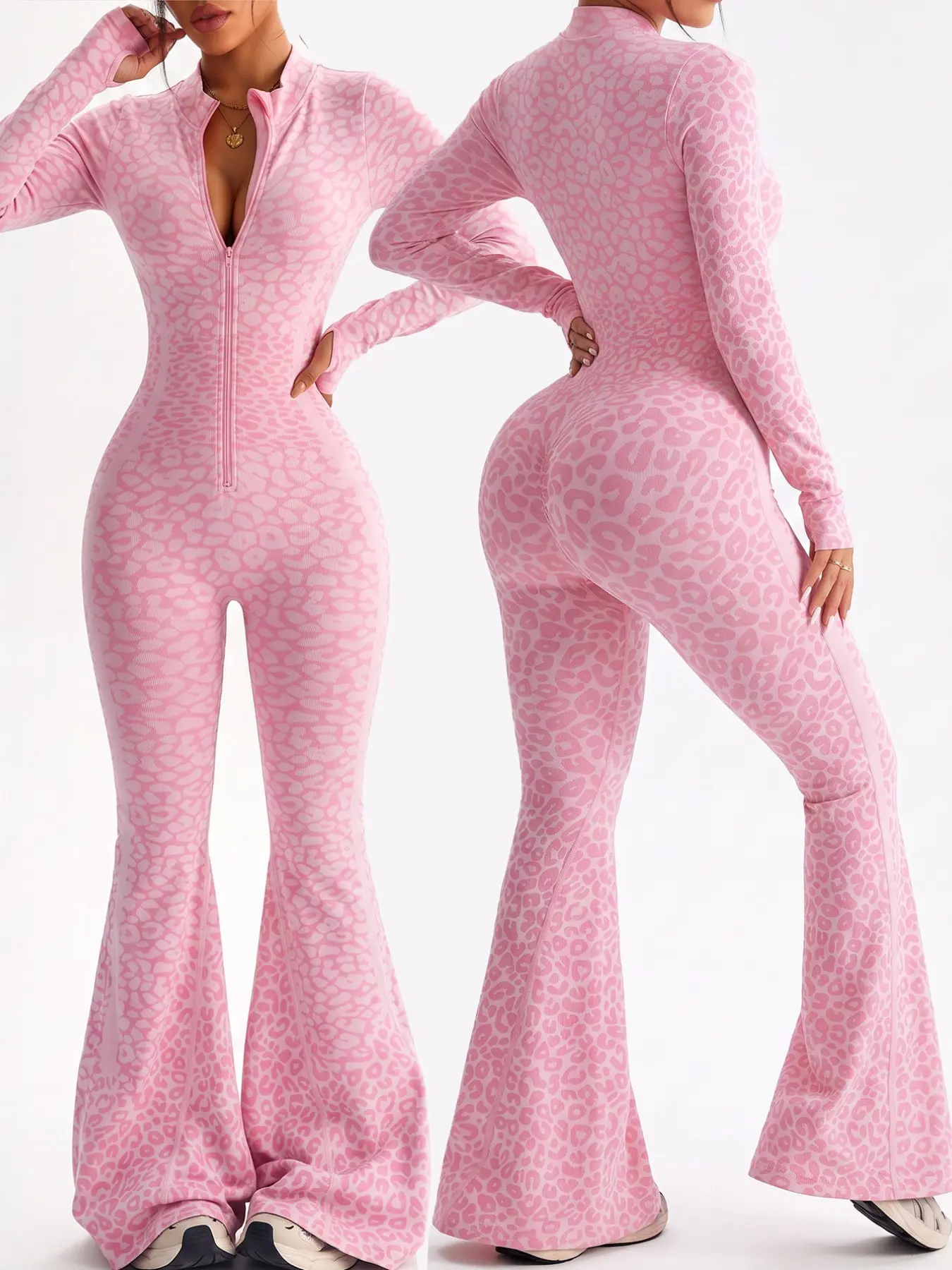 New Women's Seamless Leopard Print Zipper Long Sleeve Jumpsuit, High Waist Butt Lifter, Slim Fit Outdoor Sports Fitness Wear