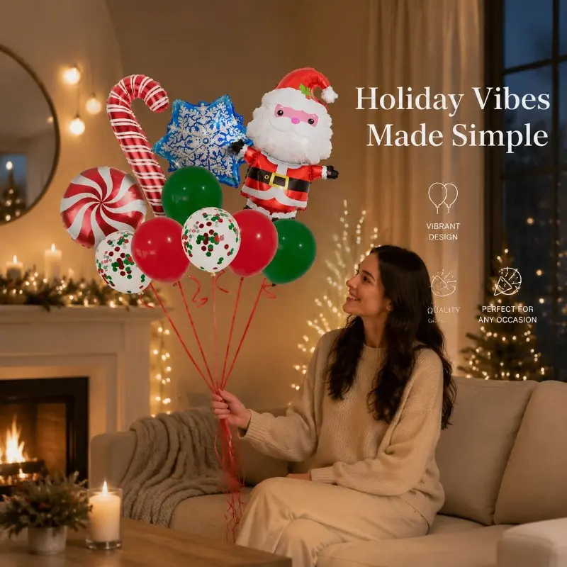 Santa Claus Christmas Balloon Bundle Set, Festive Cartoon Style, Candy Cane and Snowflake Foil Balloons Paired with Sequin Balloons, Christmas Party Table Decoration