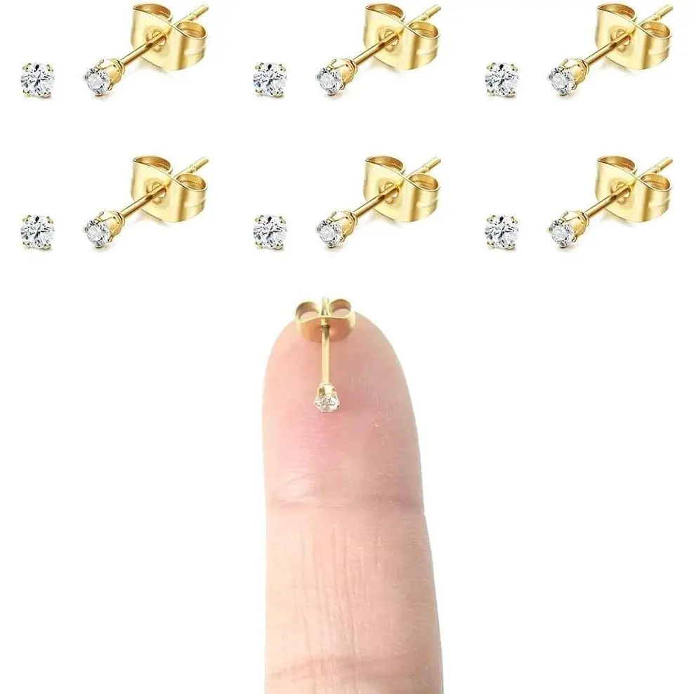 Minimalist Steel Stud Earrings, Tiny 2MM Round Cubic Zirconia Post for Cartilage Piercing, 20G