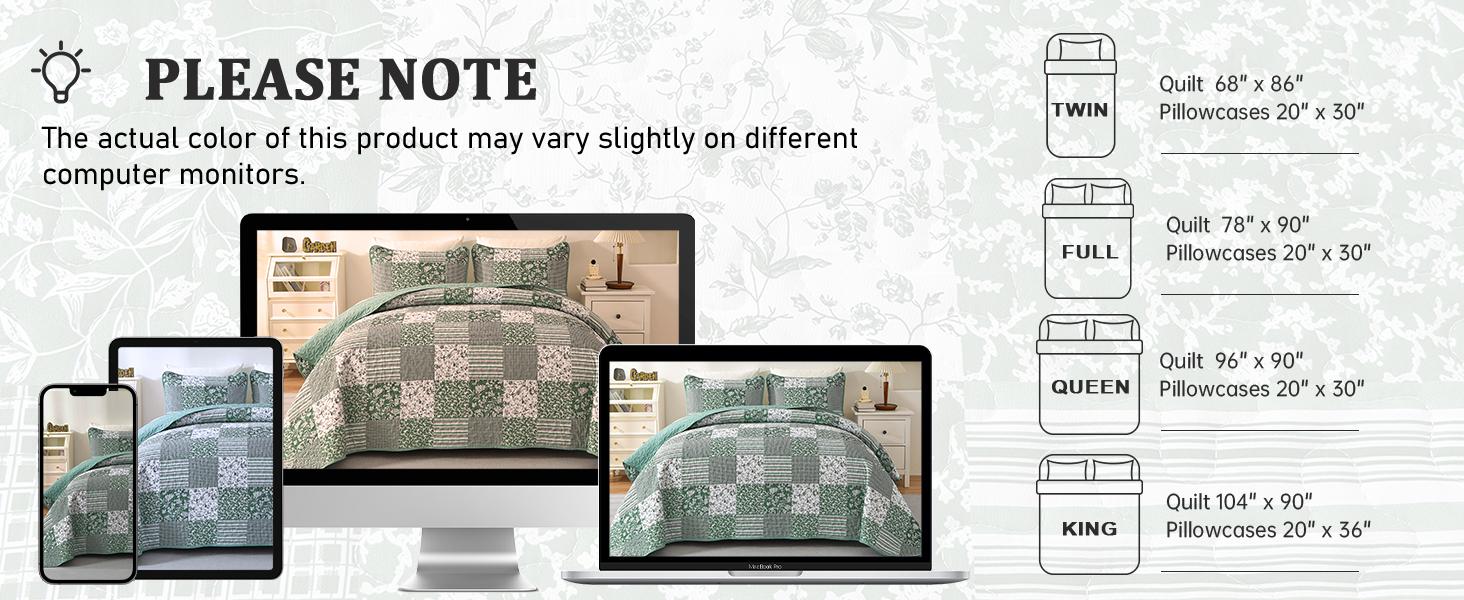 Green Set Twin Size, 2 Pieces Floral Bedspread Set Patchwork Reversible Bedding Set Microfiber Lightweight Bedspread Coverlet Set for All Season 68"x86"