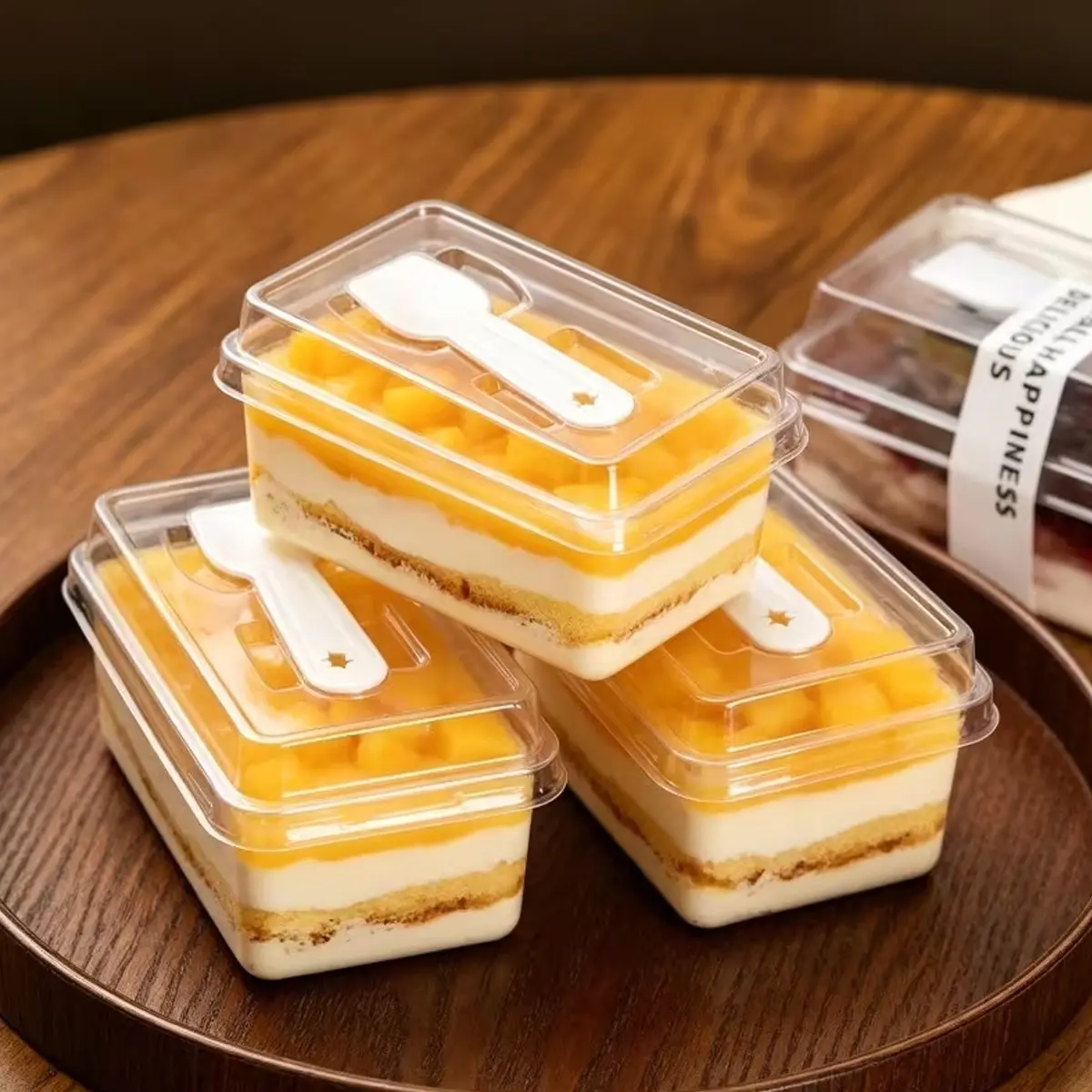 Rectangular Dessert Box Set with Lid and Spoon, Clear, Ideal for Tiramisu, Pudding, Jelly, Yogurt, Mousse, Cake, Fruit, Candy, Snacks
