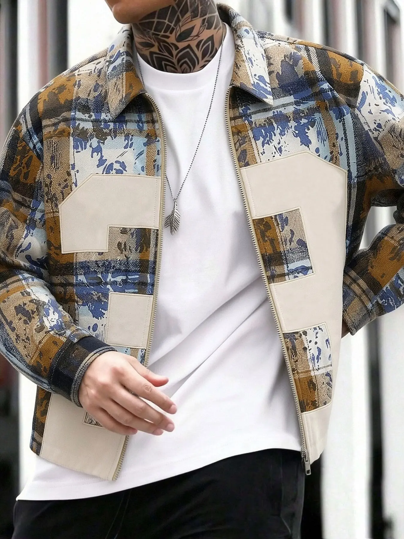 Trendy Aesthetic Vintage Plaid Patchwork Jacket, Distressed Blue Grid, Modern Splicing Design, Loose Fit, Essential Streetwear Outerwear