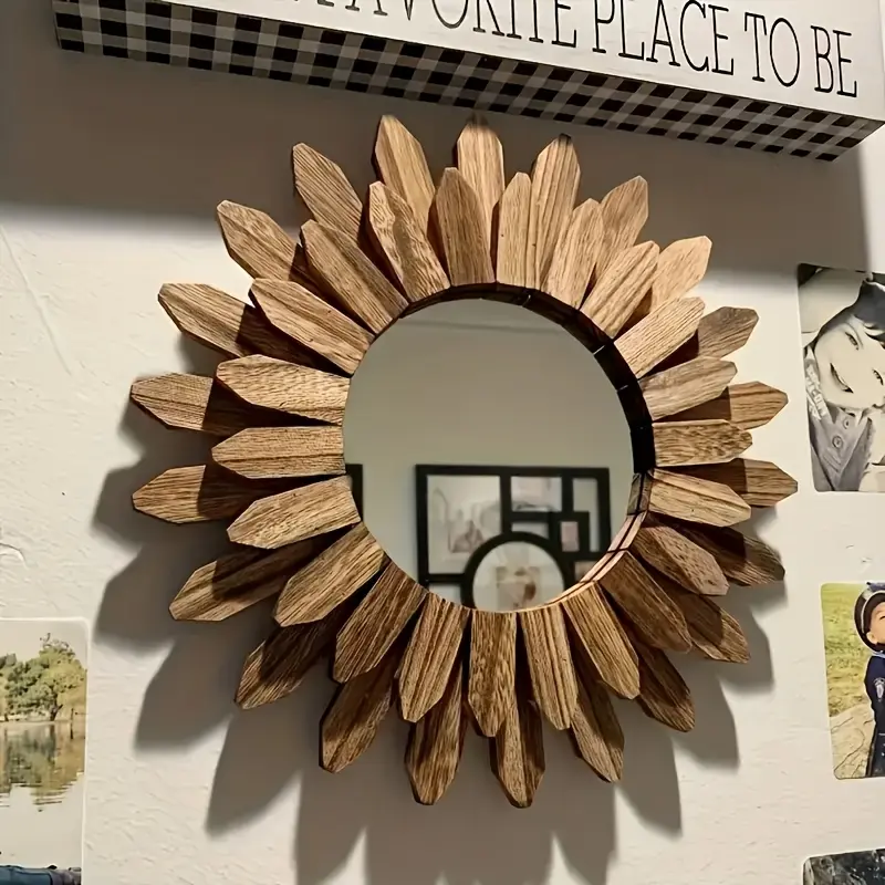 Chic Sunflower Wall-Mounted Makeup Mirror - Round Wooden Frame, Lightweight & No Power Needed - Perfect for Home Decor