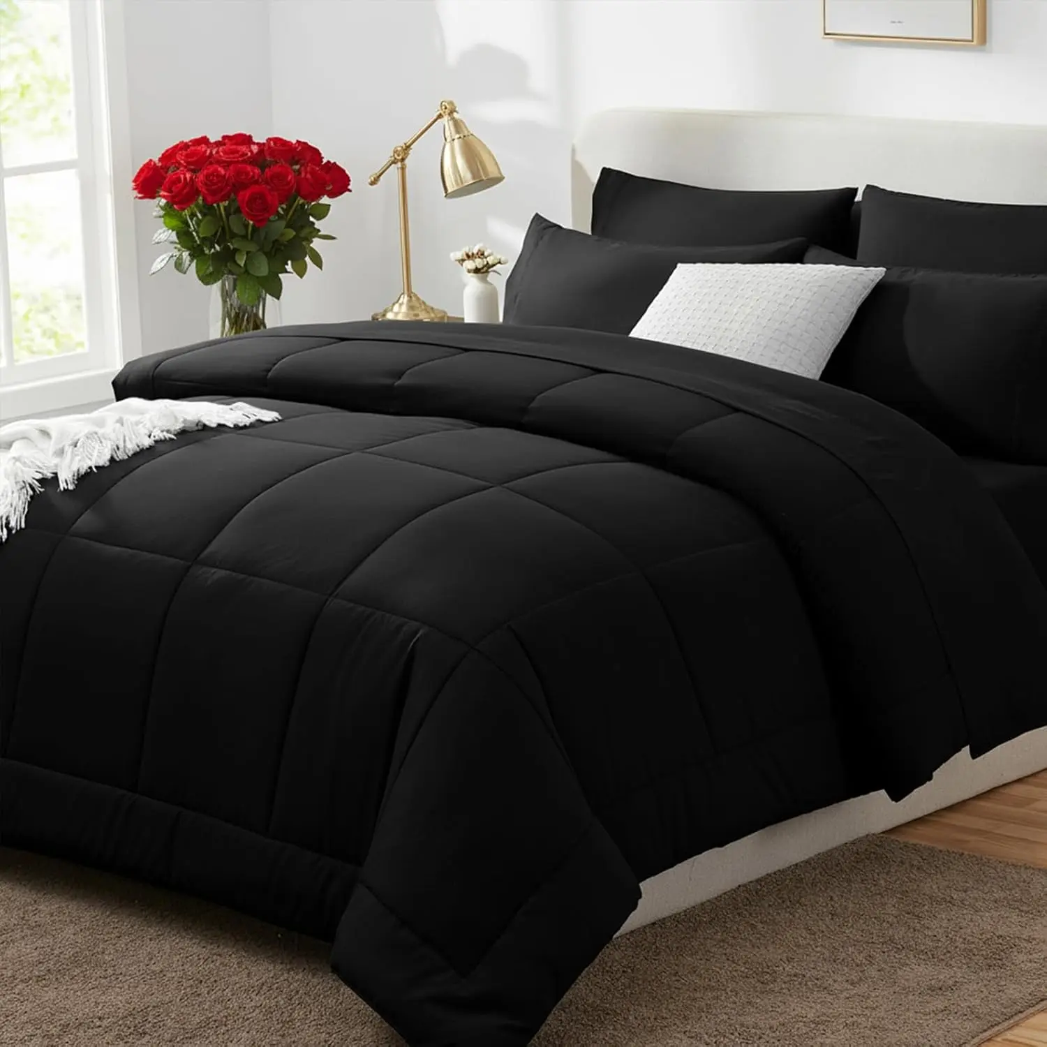 Queen Comforter Set Black, 7 Pieces Bed in a Bag, Black Comforters Queen Size, All Season Bedding Sets with Quilted Comforter, Flat Sheet, Fitted Sheet, Pillowcases