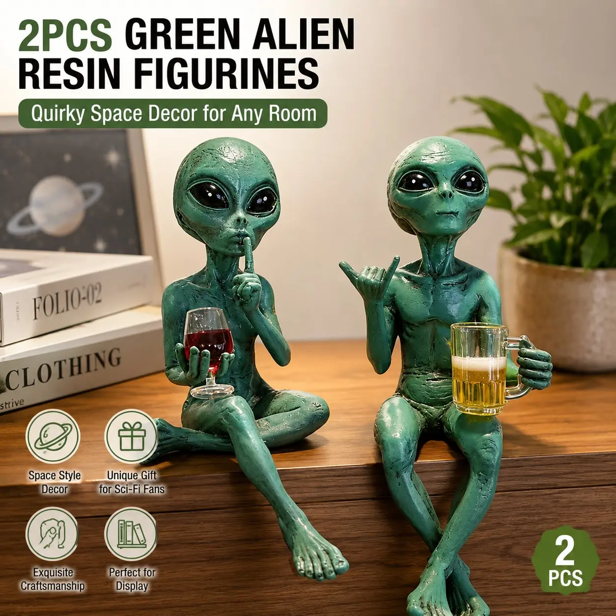 2pcs Alien Resin Statues, Cute Sci-Fi Figurines for Desk, Desktop Ornaments, Bookshelf & Room Decor, Funny Space Alien Collectibles for Home Office