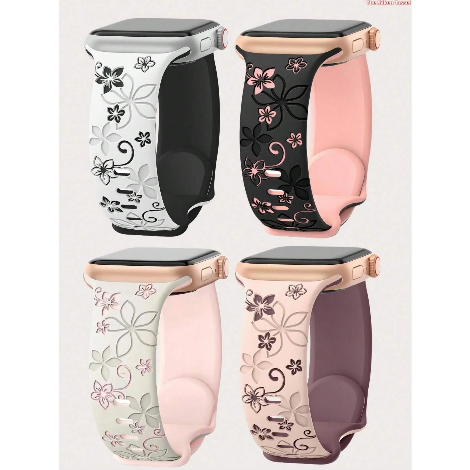 4pcs Dual-Tone Floral Engraved Watch Band Compatible With Apple Watch Band 49mm 46mm 45mm 44mm 42mm 41mm 40mm 38mm, Boho Cute Purple Flower Silicone Watch Band Suitable For Apple Watch Series Ultra 11 10 9 8 7 6 5 4 3 2 1 SE Women Men sohochic