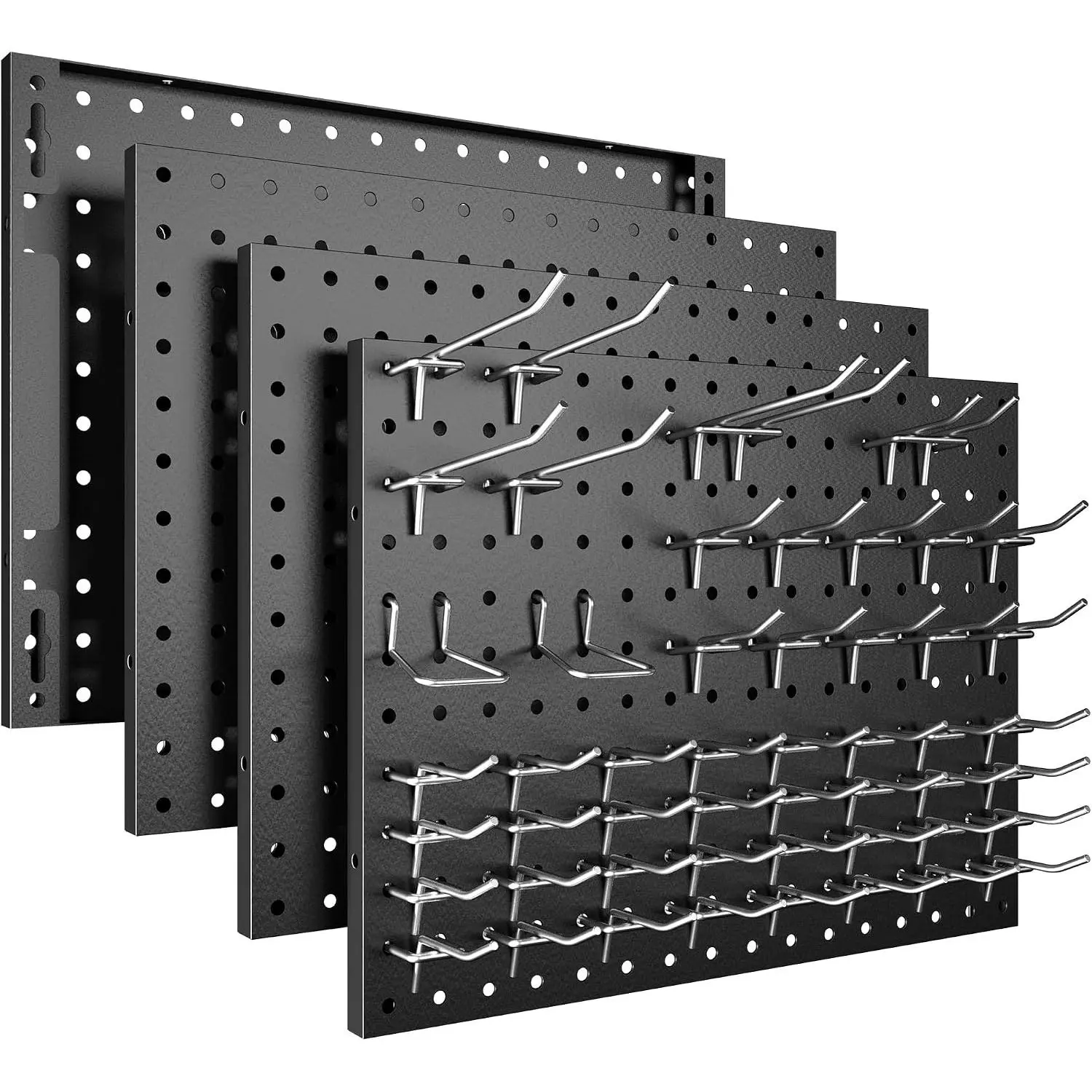 Peg Board, 4 Pack Metal Pegboard Panels with 50 Hooks, Black Pegboards Wall Organizer, Heavy Duty Peg Board for Walls , Garage Tool Storage, Office Organization, Craft Room, Kitchen