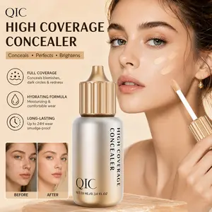 QIC liquid concealer with a soft brush tip, long-lasting moisturizing formula, suitable for dark circles, spots, and acne marks, perfect for everyday makeup.