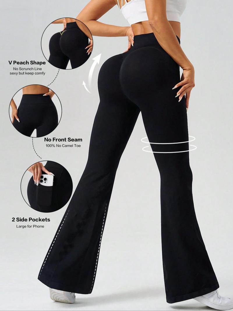 Women's Solid High Waist Flare Leg Sports Leggings, Athleisure Fitness Leggings, Casual Comfy Pocket Design Bell Bottom Trousers for Yoga Gym Workout Running, Ladies Sportswear for Fall & Winter