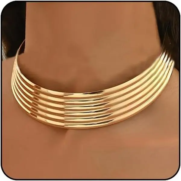 Women's Chunky Gold Vintage Retro Choker Necklace - Statement Wide Collar, African Costume Accessories, Choker Fit