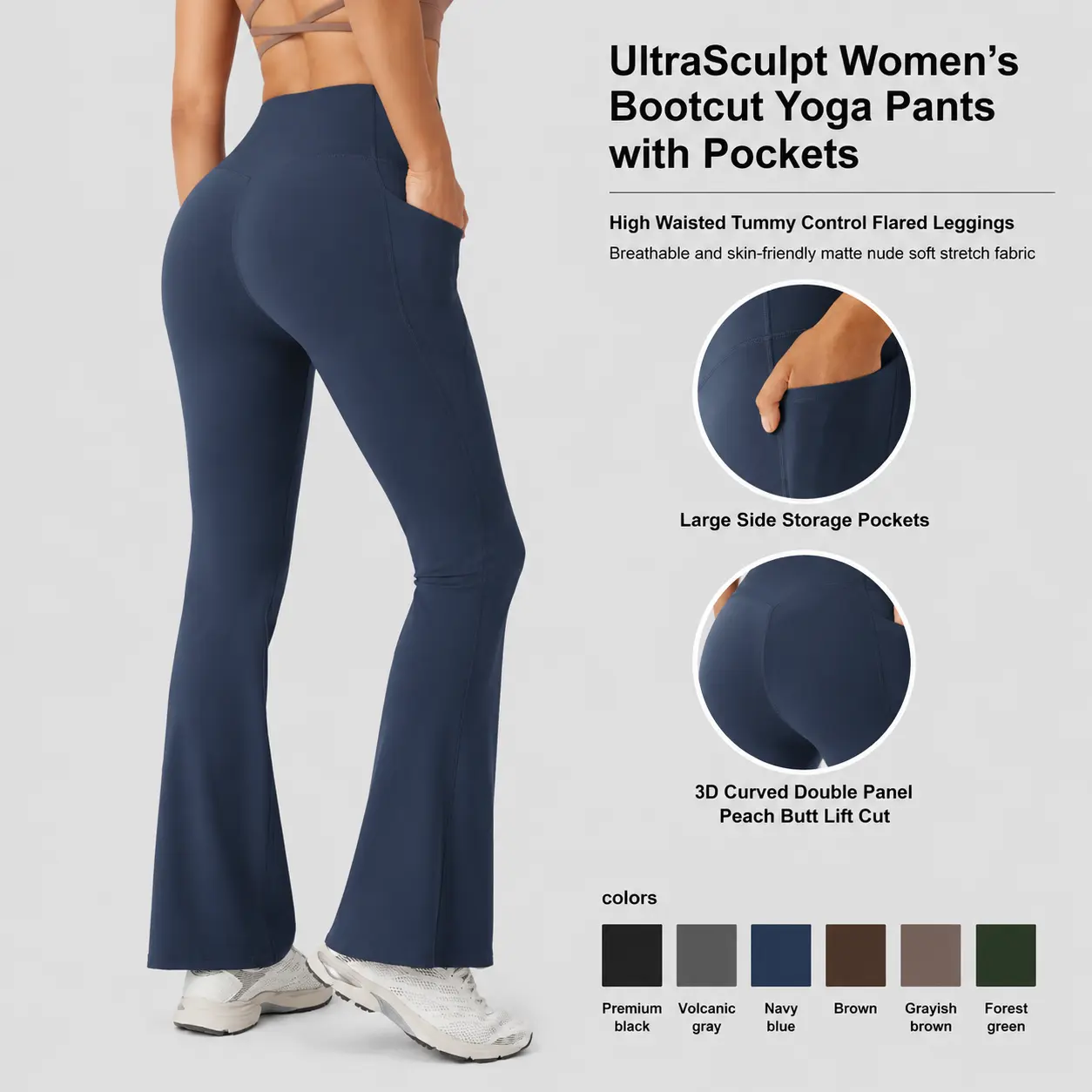 Women's UltraSculpt High Waist Bootcut Flare Leggings - Scrunch Butt Lift, Tummy Control, Side Pockets, High-Stretch Nylon Sports Leggings, Gym Sportswear Bottoms, Flared Yoga Bottoms, Women's Fitness Clothes