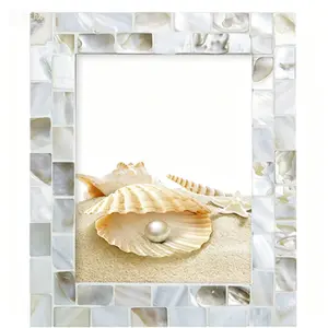 Mosaic Picture Frame, 5x7 Vintage Shell Photo Frame, Handmade Mosaic Beach Picture Frame with Natural Pearl Style, Unique Tabletop or Wall Hanging Display, Chic Home Decor for Coastal Gifts (White, 5x7)