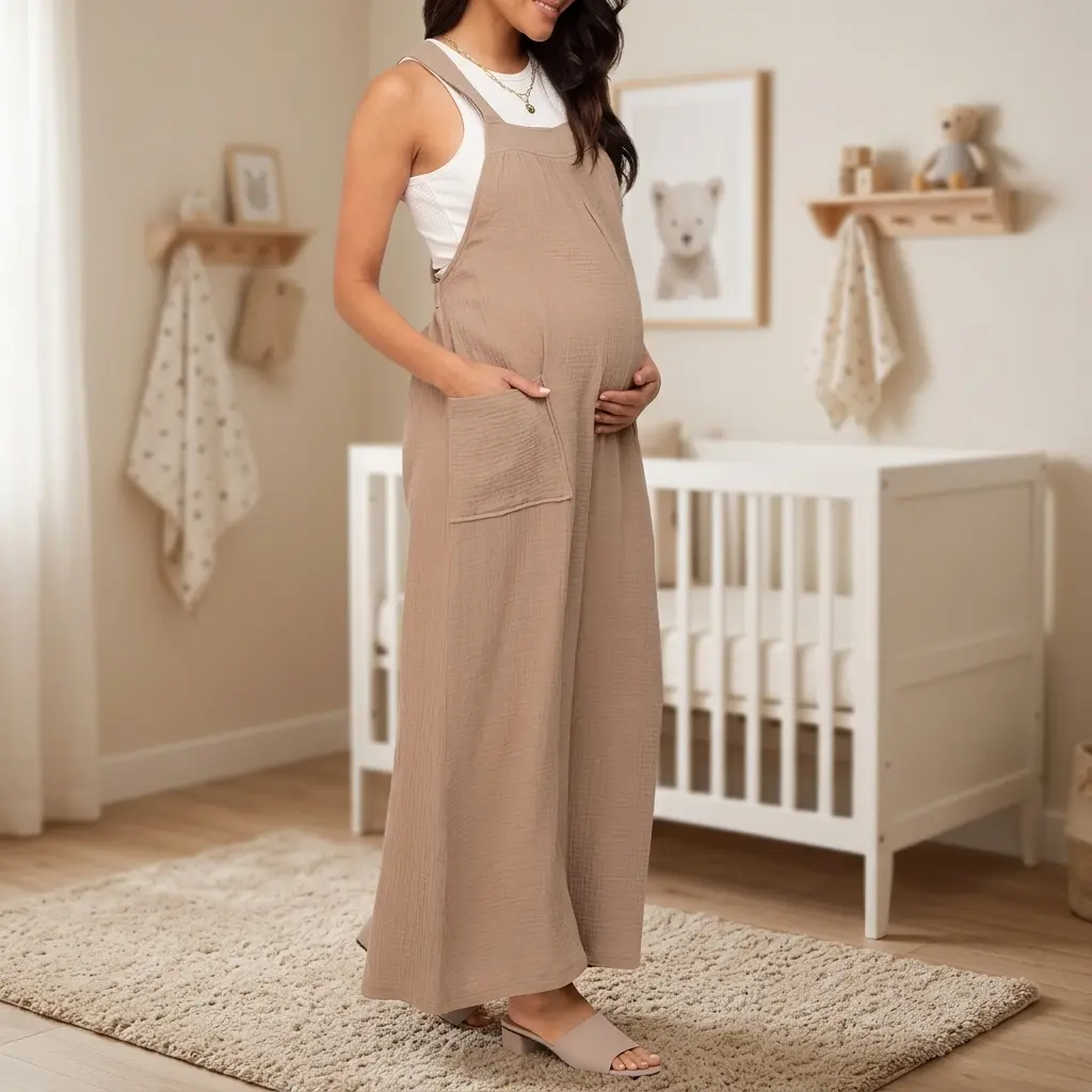 MUSBUY Maternity Wide Leg Crinkle Gauze Jumpsuit with Adjustable Back Tie, Deep Pockets and Stretch Waist for Pregnancy and Postpartum clothing