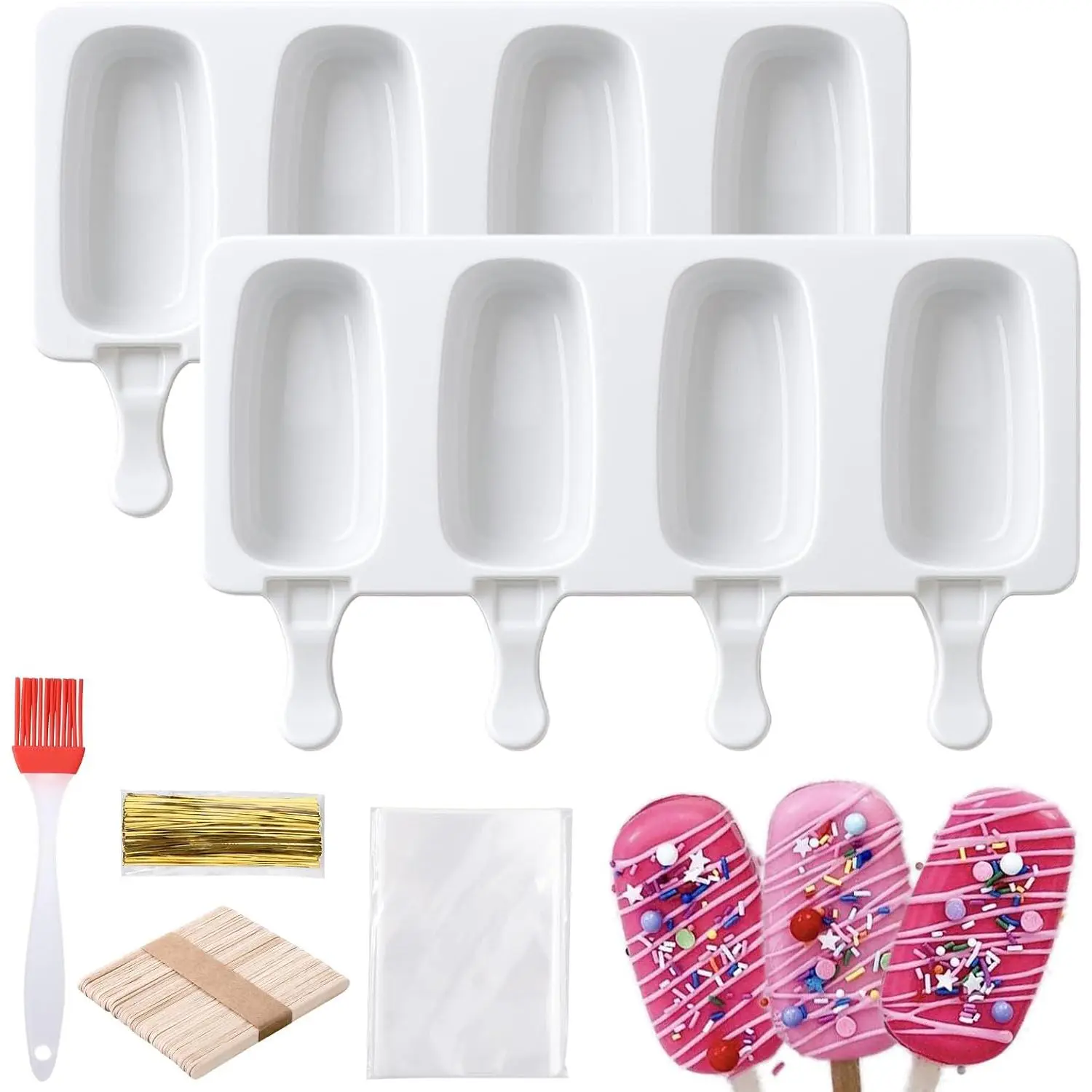Reusable Cake Pop Mold Kit - 2 Pack 8-Cavity Silicone Cakesicle Molds, 100 Wooden Sticks, 100 Packaging Bags with Ties, Beginner & Pro Friendly Bake Accessories for Desserts, Molding, Bake Sales