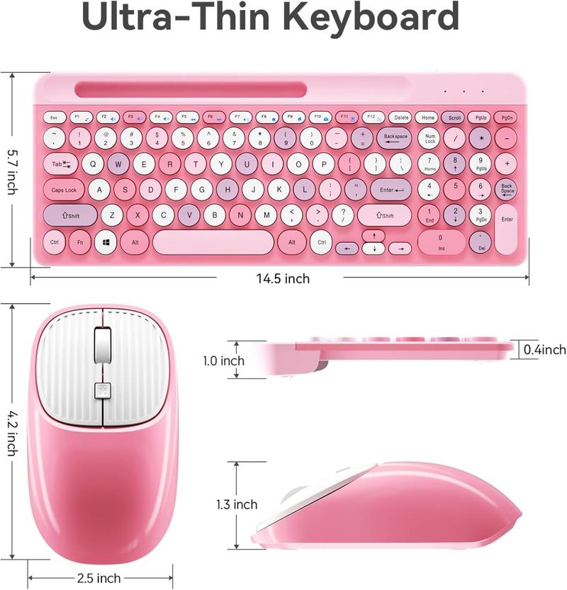 F-KBB01 Retro Wireless Keyboard with Round Keycaps, 2.4GHz Full-Size USB Cute Wireless Keyboard Mouse for Computer, Desktop, Laptop and Computer (Pink-Colorful)