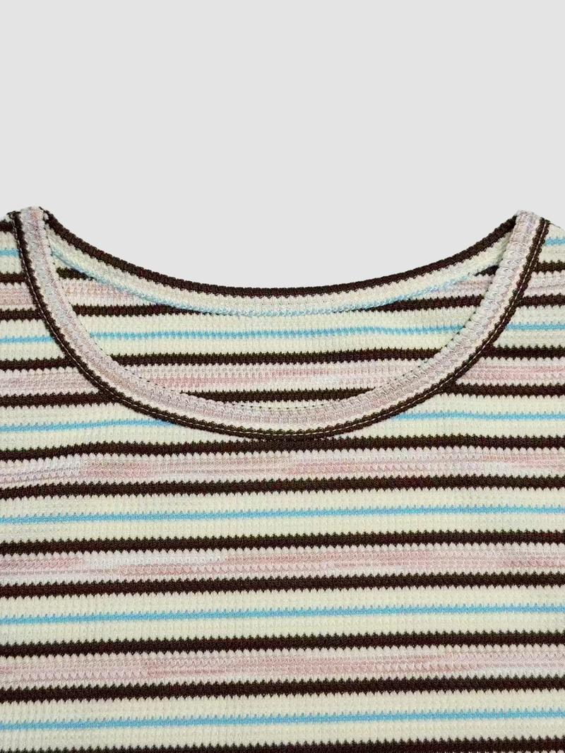 Women's Striped Knit Casual Long Sleeve Top & High Waist Elastic Sporty Shorts Athleisure Wear Set, Spring Fashion, Comfortable Fit