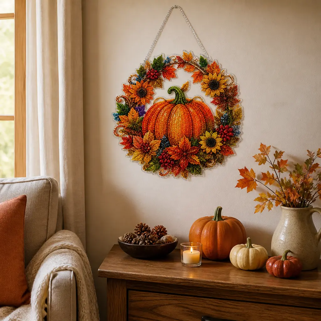 DIY Diamond Painting Hanging Ornament Kit with Pumpkin Wreath Design, Fall Halloween Holiday Decor