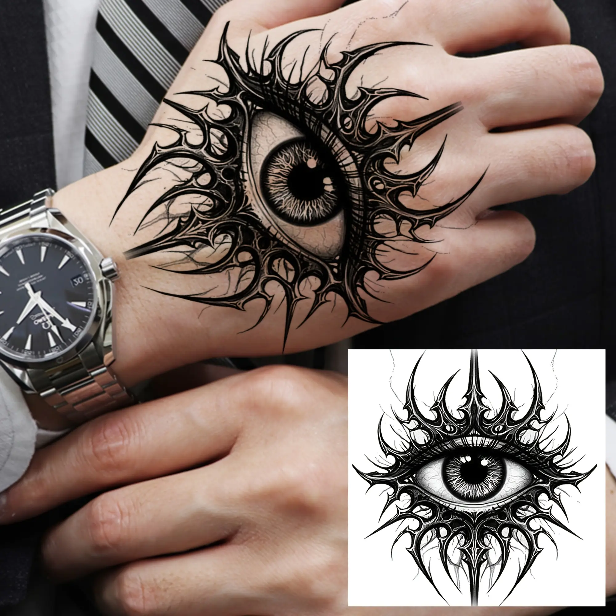 5pcs Black Evil Eye and Red Blood Temporary Tattoo Sticker Suitable for Adults of Any Gender, Can Be Applied to Areas Such As Hands, Neck, Collarbone, Shoulders, Ankles, Calves, And Half-Sleeve Arms. This Semi-Permanent Fake Tattoo Sticker Is Waterproof