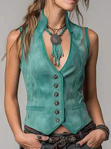 Women's Retro Western Denim Gilet Sleeveless Vest, Denim Vest Top, Denim Waistcoat, Fitted Short Waist Cinching Outerwear, Casual Outdoor Layering Piece, Single Button Design, Casual Fashion Vest, Womenswear