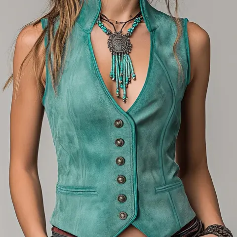 Women's Retro Western Gilet Vest, Fitted Short Waist Cinching Outerwear, Casual Outdoor Layering Piece, Single Button Design
