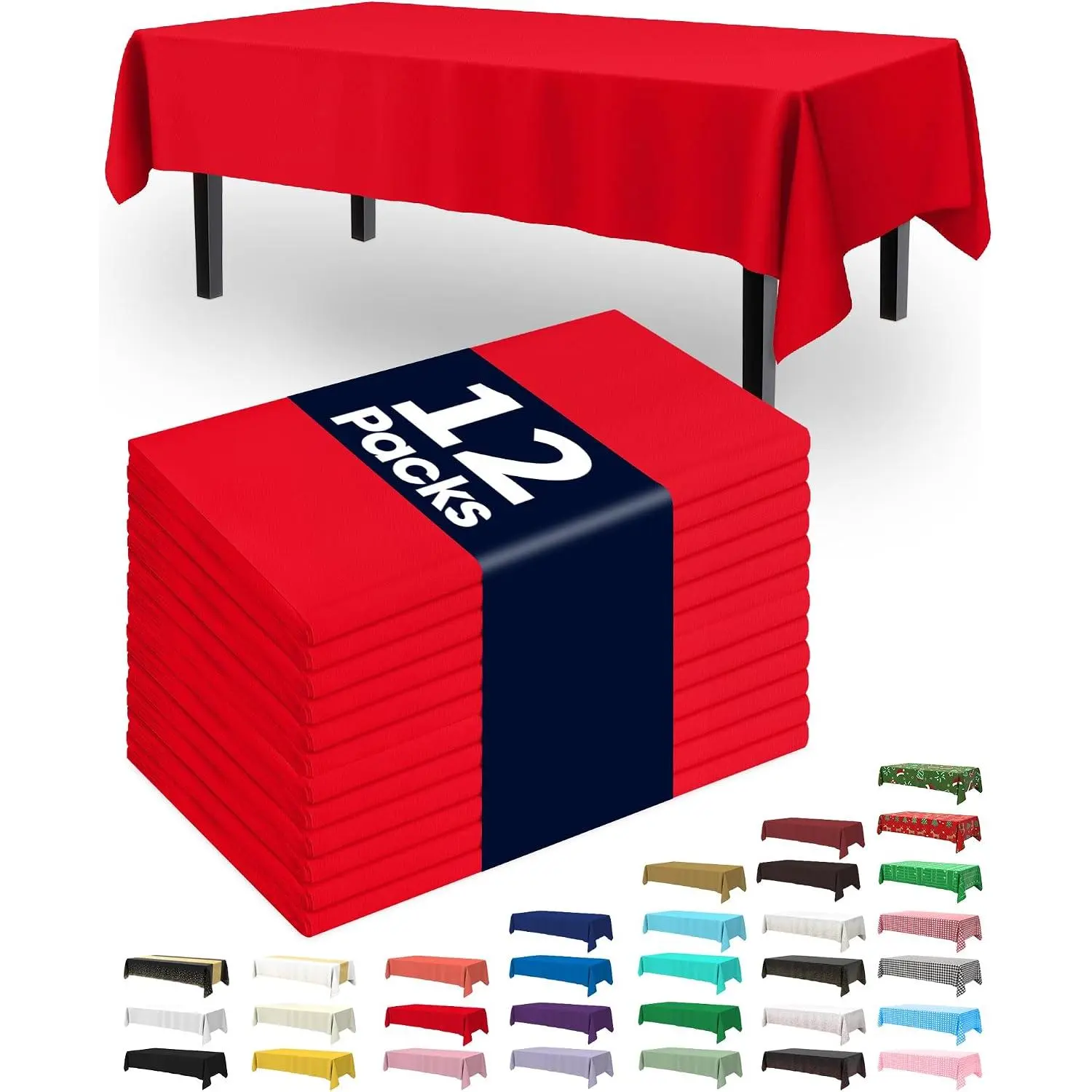 Plastic Table Cloth Disposable 12 Pack, 54 x 108 Inch Table Cloths, Valentines Day, Thanksgiving, Christmas Decorations, Fall Tablecloths, Rectangle, Plastic Cover, Leakproof & Sturdy, Red